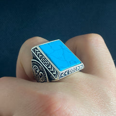 Large Turquoise Stone 925 Silver Handmade Men Ring