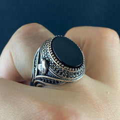 Classic Animal Eagle 925 Sterling Silver Onyx Stone Ring