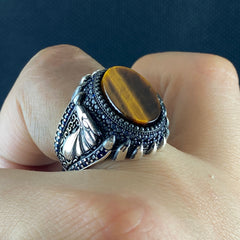 Brown Eagle Head Tiger Eye Gemstone 925 Sterling Silver Men Ring