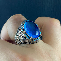 Aquamarine Blue Color 925 Sterling Silver Men Handmade Ring