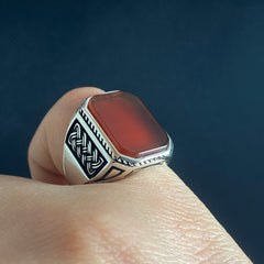 Red Agate Gemstone 925 Solid Silver Men Ring