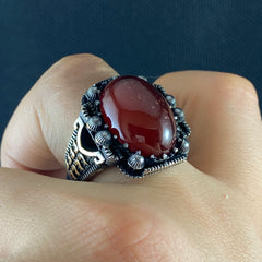 Agate Stone Red Color Turkish Handmade 925 Sterling Silver Men Ring