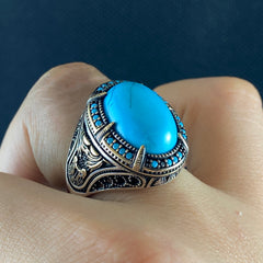 Oval Turquoise Gemstone 925 Sterling Silver Men Ring