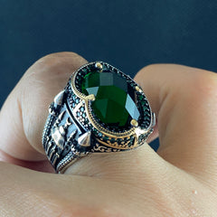 Green Mosque Emerald Stone Men Handmade Islamic Ring