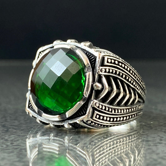 Emerald Gemstone 925 Solid Silver Handmade Men Ring