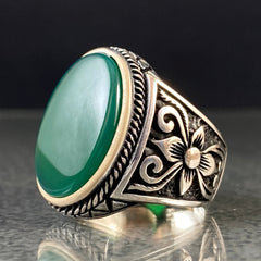 Oval Green Agate Gemstone 925 Silver Ring