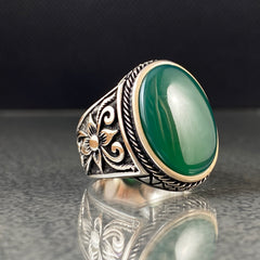 Oval Green Agate Gemstone 925 Silver Ring