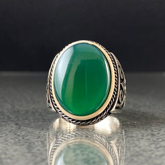 Oval Green Agate Gemstone 925 Silver Ring