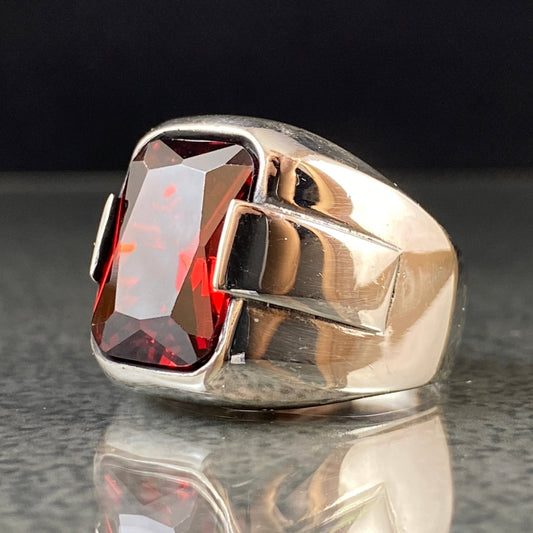 Classic Red Ruby Simple 925 Silver Men Ring