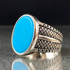 Oval Blue Turquoise Gemstone 925 Silver Men Riing