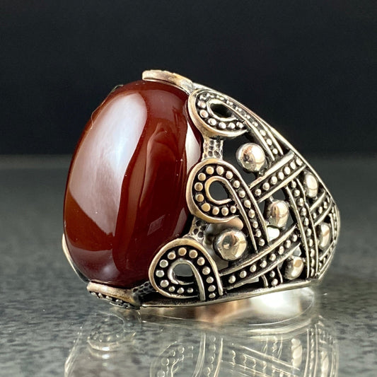 925 Solid Silver Red Agate Gemstone Men Ring