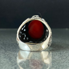 925 Solid Silver Red Agate Gemstone Men Ring