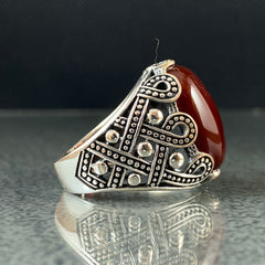 925 Solid Silver Red Agate Gemstone Men Ring