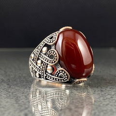 925 Solid Silver Red Agate Gemstone Men Ring