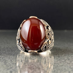 925 Solid Silver Red Agate Gemstone Men Ring