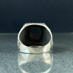 Hand Engraved Black Onyx Gemstone 925 Solid Sİlver Men Ring