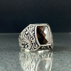 Hand Engraved Black Onyx Gemstone 925 Solid Sİlver Men Ring