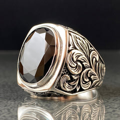 Hand Engraved Black Onyx Gemstone 925 Solid Silver Ring