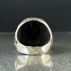 Hand Engraved Black Onyx Gemstone 925 Solid Silver Ring