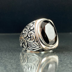 Hand Engraved Black Onyx Gemstone 925 Solid Silver Ring