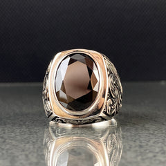 Hand Engraved Black Onyx Gemstone 925 Solid Silver Ring