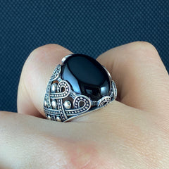 Oval Black Onyx Gemstone 925 Solid Silver Ring