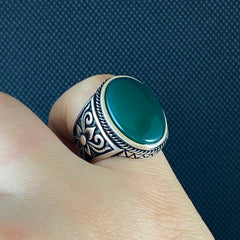 Oval Green Agate Gemstone 925 Silver Ring