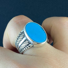 Oval Blue Turquoise Gemstone 925 Silver Men Riing