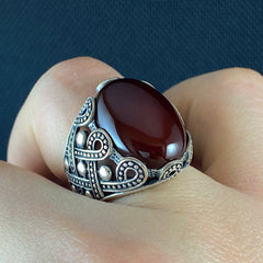 925 Solid Silver Red Agate Gemstone Men Ring