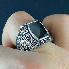 Hand Engraved Black Onyx Gemstone 925 Solid Sİlver Men Ring