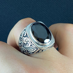 Hand Engraved Black Onyx Gemstone 925 Solid Silver Ring