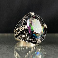 Oval Mystic Topaz Stone 925 Sterling Silver Men Ring