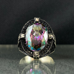 Oval Mystic Topaz Stone 925 Sterling Silver Men Ring