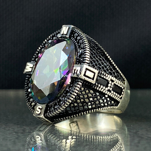 Oval Mystic Topaz Stone 925 Sterling Silver Men Ring