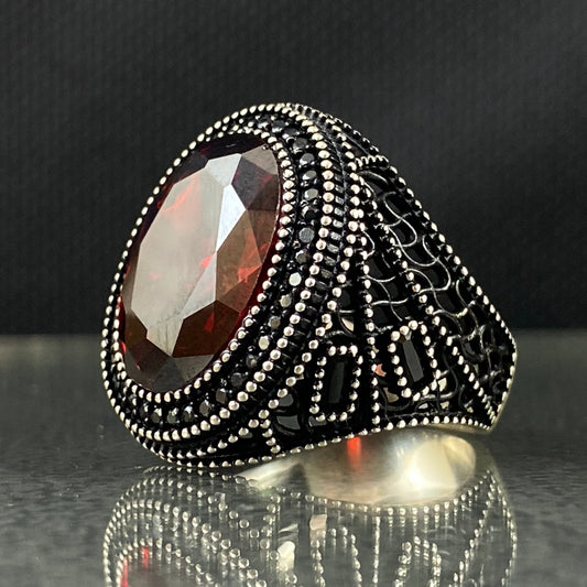 Oval Red Ruby Stone 925 Solid Silver Men Handmade Ring