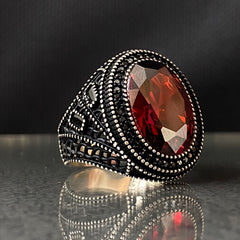 Oval Red Ruby Stone 925 Solid Silver Men Handmade Ring