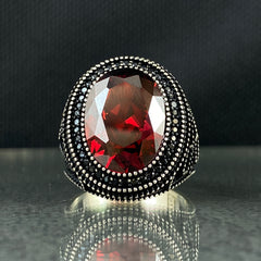 Oval Red Ruby Stone 925 Solid Silver Men Handmade Ring