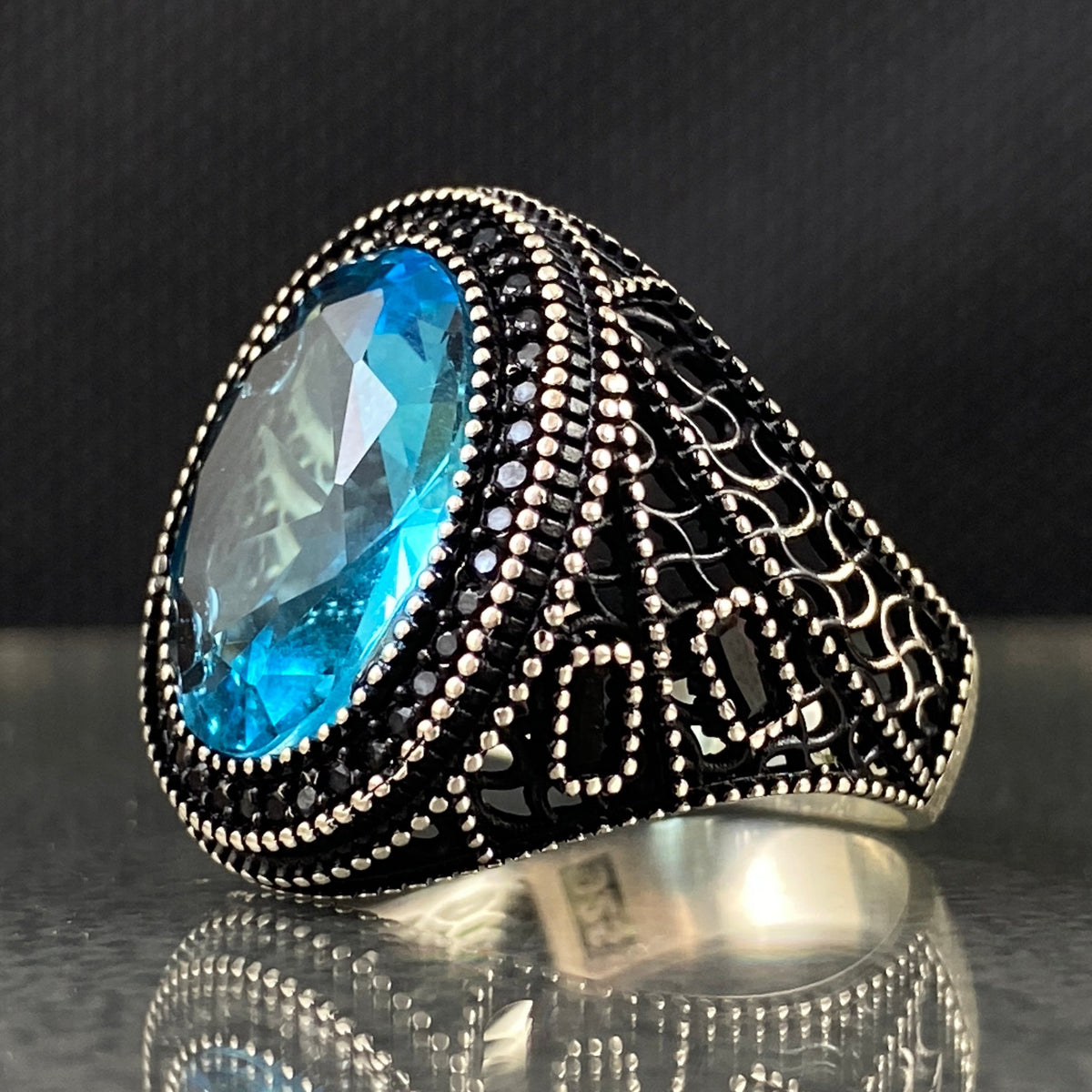 Oval Aquamarine Stone 925 Sterling Silver Men Ring