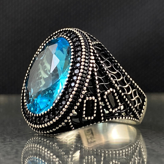 Oval Aquamarine Stone 925 Sterling Silver Men Ring