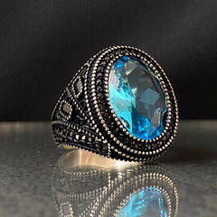 Oval Aquamarine Stone 925 Sterling Silver Men Ring