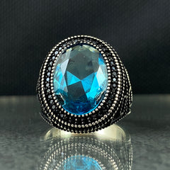 Oval Aquamarine Stone 925 Sterling Silver Men Ring