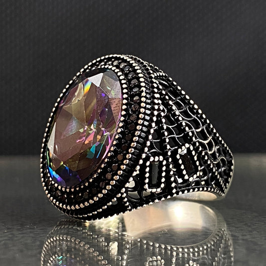 Oval Mystic Topaz Men Handmade 925 Silver Ring