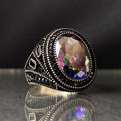 Oval Mystic Topaz Men Handmade 925 Silver Ring