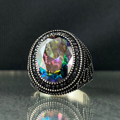 Oval Mystic Topaz Men Handmade 925 Silver Ring