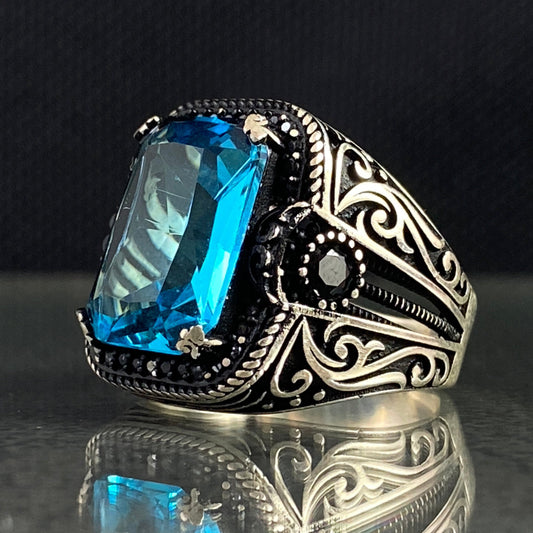 Original 925 Silver Men Handmade Aquamarine Stone Ring