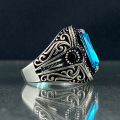 Original 925 Silver Men Handmade Aquamarine Stone Ring