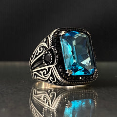 Original 925 Silver Men Handmade Aquamarine Stone Ring