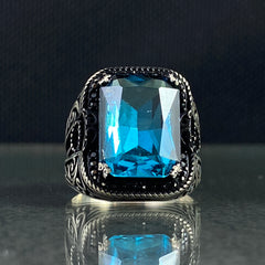 Original 925 Silver Men Handmade Aquamarine Stone Ring