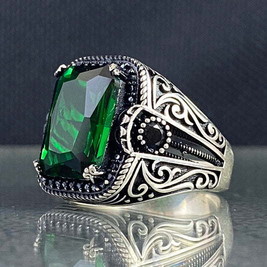 Green Emerald Stone 925 Silver Original Men Ring