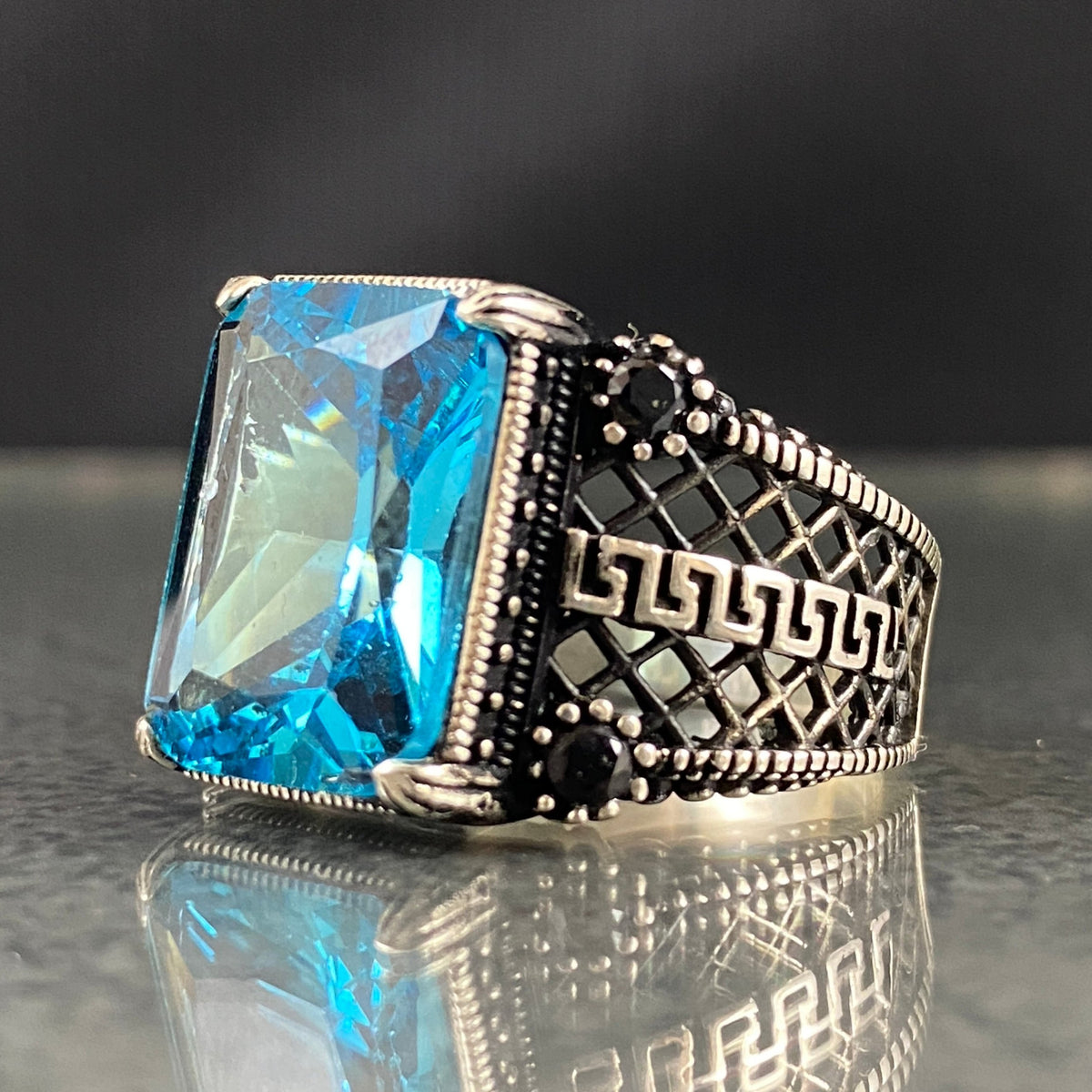 Blue Aquamarine Stone 925 Silver Men Ring